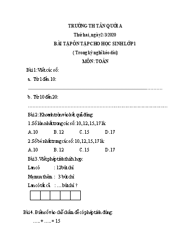 Bài ôn tập Toán, Tiếng Việt Lớp 1 - Ngày 2/3 - Năm học 2019-2020 - Trường Tiểu học Tân Quới A