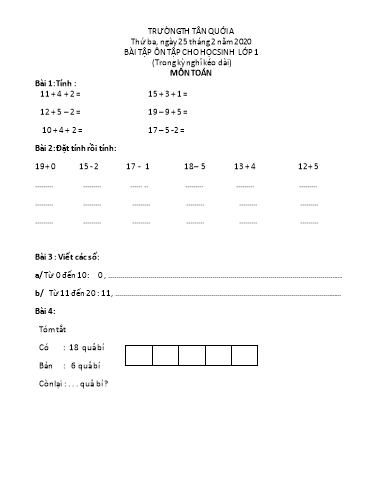 Bài ôn tập Toán, Tiếng Việt Lớp 1 - Ngày 25/2 - Năm học 2019-2020 - Trường Tiểu học Tân Quới A