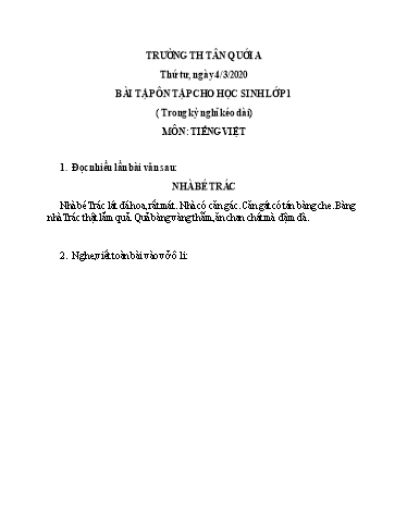 Bài ôn tập Toán, Tiếng Việt Lớp 1 - Ngày 4/3 - Năm học 2019-2020 - Trường Tiểu học Tân Quới A