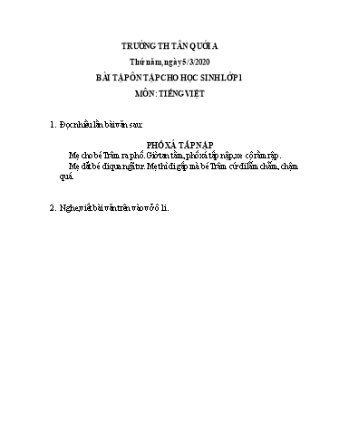 Bài ôn tập Toán, Tiếng Việt Lớp 1 - Ngày 5/3 - Năm học 2019-2020 - Trường Tiểu học Tân Quới A