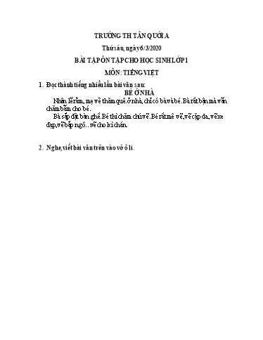 Bài ôn tập Toán, Tiếng Việt Lớp 1 - Ngày 6/3 - Năm học 2019-2020 - Trường Tiểu học Tân Quới A