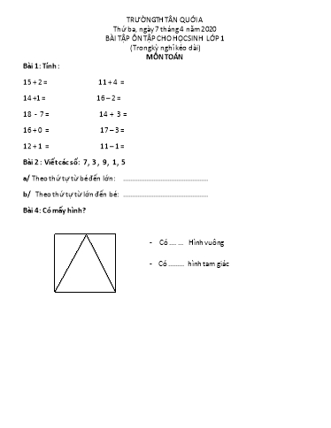Bài ôn tập Toán, Tiếng Việt Lớp 1 - Ngày 7/4 - Năm học 2019-2020 - Trường Tiểu học Tân Quới A