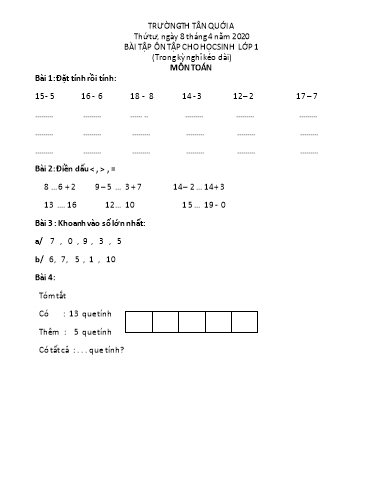 Bài ôn tập Toán, Tiếng Việt Lớp 1 - Ngày 8/4 - Năm học 2019-2020 - Trường Tiểu học Tân Quới A