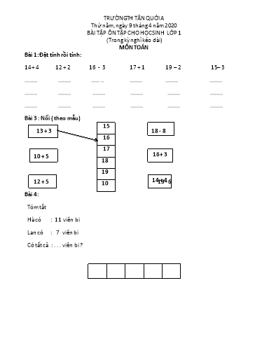 Bài ôn tập Toán, Tiếng Việt Lớp 1 - Ngày 9/4 - Năm học 2019-2020 - Trường Tiểu học Tân Quới A