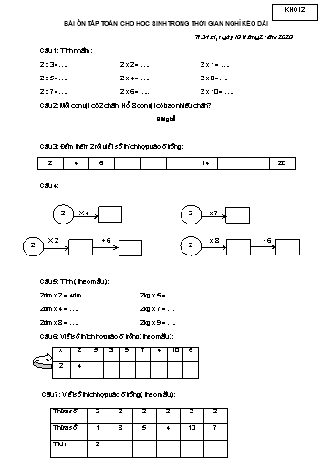 Bài ôn tập Toán, Tiếng Việt Lớp 2 - Ngày 10/2 - Năm học 2019-2020 - Trường Tiểu học Tân Quới A