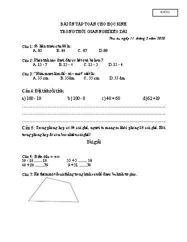 Bài ôn tập Toán, Tiếng Việt Lớp 2 - Ngày 11/3 - Năm học 2019-2020 - Trường Tiểu học Tân Quới A