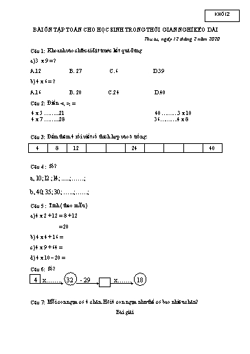 Bài ôn tập Toán, Tiếng Việt Lớp 2 - Ngày 12/2 - Năm học 2019-2020 - Trường Tiểu học Tân Quới A