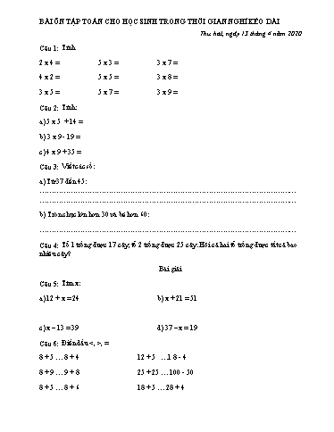 Bài ôn tập Toán, Tiếng Việt Lớp 2 - Ngày 13/4 - Năm học 2019-2020 - Trường Tiểu học Tân Quới A