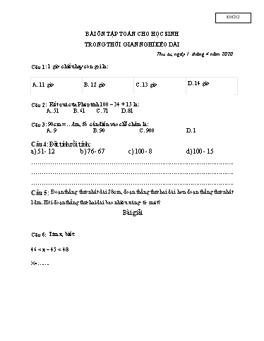 Bài ôn tập Toán, Tiếng Việt Lớp 2 - Ngày 1/4 - Năm học 2019-2020 - Trường Tiểu học Tân Quới A