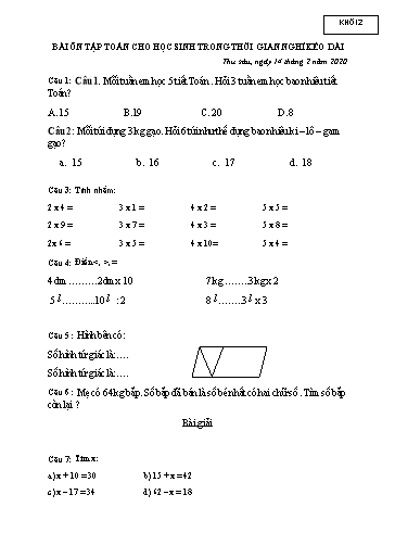 Bài ôn tập Toán, Tiếng Việt Lớp 2 - Ngày 14/2 - Năm học 2019-2020 - Trường Tiểu học Tân Quới A