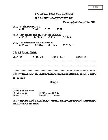 Bài ôn tập Toán, Tiếng Việt Lớp 2 - Ngày 18/3 - Năm học 2019-2020 - Trường Tiểu học Tân Quới A