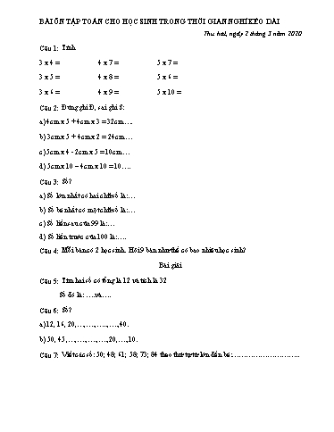 Bài ôn tập Toán, Tiếng Việt Lớp 2 - Ngày 2, 3/3 - Năm học 2019-2020 - Trường Tiểu học Tân Quới A
