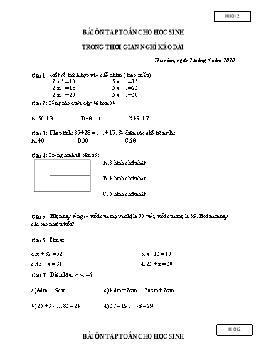 Bài ôn tập Toán, Tiếng Việt Lớp 2 - Ngày 2, 3/4 - Năm học 2019-2020 - Trường Tiểu học Tân Quới A