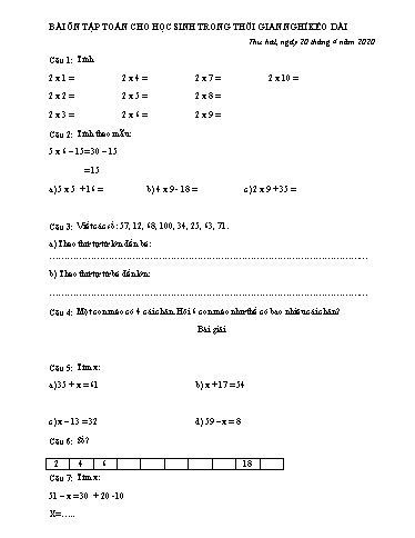 Bài ôn tập Toán, Tiếng Việt Lớp 2 - Ngày 20, 21/4 - Năm học 2019-2020 - Trường Tiểu học Tân Quới A