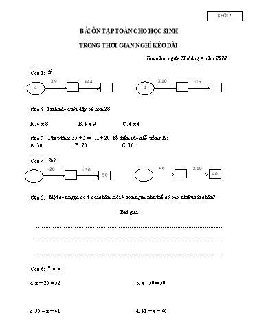 Bài ôn tập Toán, Tiếng Việt Lớp 2 - Ngày 23, 24/4 - Năm học 2019-2020 - Trường Tiểu học Tân Quới A