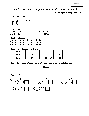Bài ôn tập Toán, Tiếng Việt Lớp 2 - Ngày 24/2 - Năm học 2019-2020 - Trường Tiểu học Tân Quới A