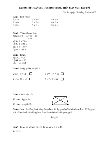 Bài ôn tập Toán, Tiếng Việt Lớp 2 - Ngày 25/2 - Năm học 2019-2020 - Trường Tiểu học Tân Quới A