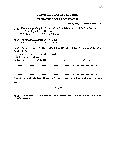 Bài ôn tập Toán, Tiếng Việt Lớp 2 - Ngày 25/3 - Năm học 2019-2020 - Trường Tiểu học Tân Quới A