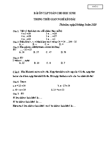 Bài ôn tập Toán, Tiếng Việt Lớp 2 - Ngày 26/3 - Năm học 2019-2020 - Trường Tiểu học Tân Quới A