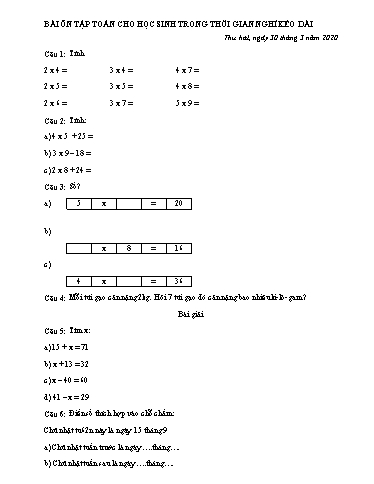 Bài ôn tập Toán, Tiếng Việt Lớp 2 - Ngày 30, 31/3 - Năm học 2019-2020 - Trường Tiểu học Tân Quới A