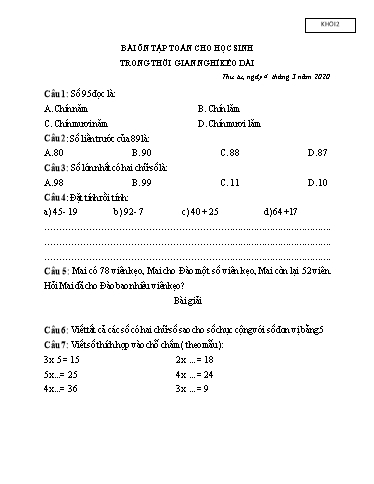 Bài ôn tập Toán, Tiếng Việt Lớp 2 - Ngày 4/3 - Năm học 2019-2020 - Trường Tiểu học Tân Quới A