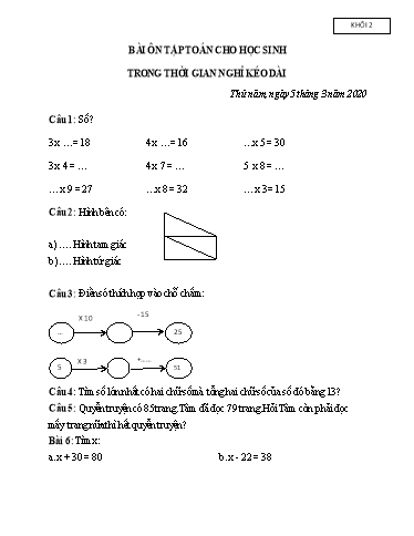 Bài ôn tập Toán, Tiếng Việt Lớp 2 - Ngày 5, 6/3 - Năm học 2019-2020 - Trường Tiểu học Tân Quới A