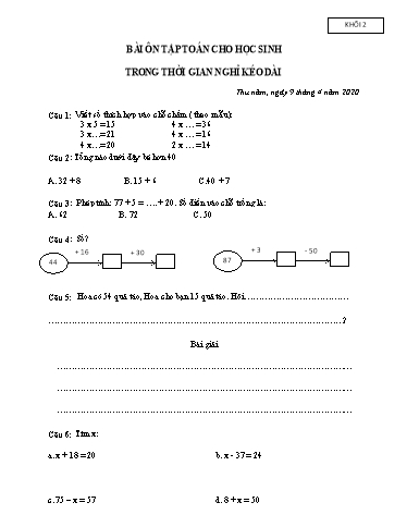 Bài ôn tập Toán, Tiếng Việt Lớp 2 - Ngày 9, 10/4 - Năm học 2019-2020 - Trường Tiểu học Tân Quới A
