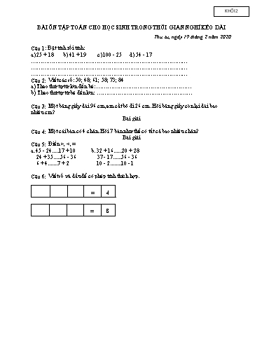 Bài ôn tập Toán, Tiếng Việt Lớp 2 - Từ 19/2 đến 21/2 - Năm học 2019-2020 - Trường Tiểu học Tân Quới A