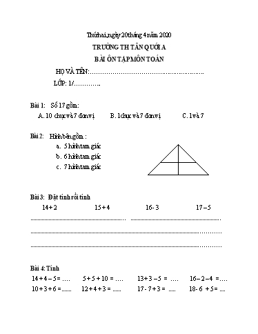 Bài ôn tập Toán, Tiếng Việt Lớp 2 - Từ 20/4 đến 23/4 - Năm học 2019-2020 - Trường Tiểu học Tân Quới A