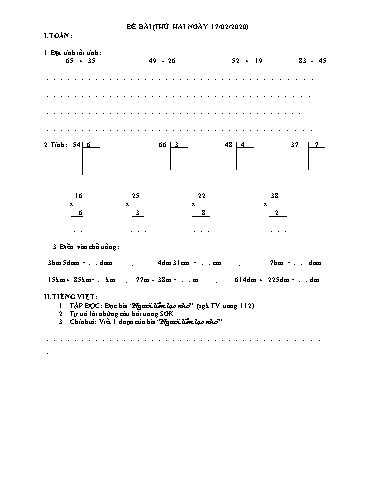 Bài ôn tập Toán, Tiếng Việt Lớp 3 - Ngày 17/2 - Năm học 2019-2020 - Trường Tiểu học Tân Quới A