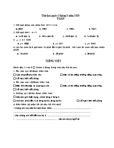 Bài ôn tập Toán, Tiếng Việt Lớp 3 - Ngày 2, 3/3 - Năm học 2019-2020 - Trường Tiểu học Tân Quới A