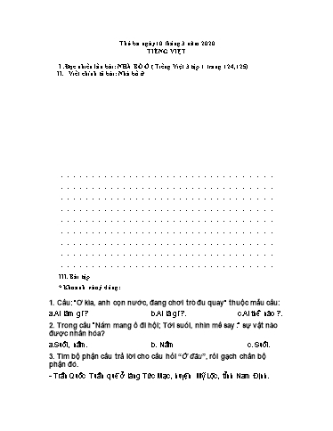 Bài ôn tập Toán, Tiếng Việt Lớp 3 - Từ 10/3 đến 13/3 - Năm học 2019-2020 - Trường Tiểu học Tân Quới A