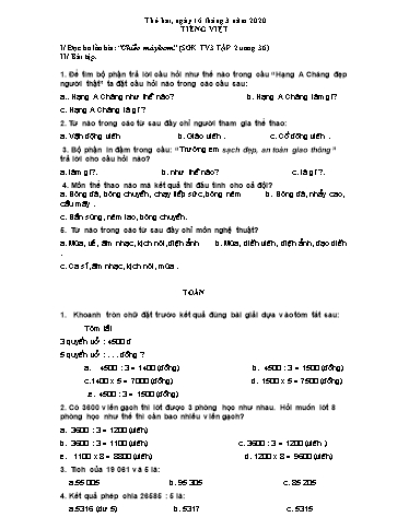 Bài ôn tập Toán, Tiếng Việt Lớp 3 - Từ 16/3 đến 20/3 - Năm học 2019-2020 - Trường Tiểu học Tân Quới A