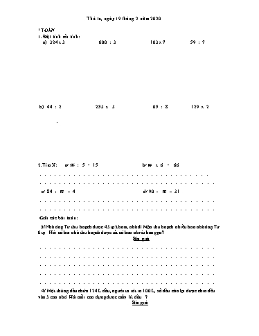 Bài ôn tập Toán, Tiếng Việt Lớp 3 - Từ 19/2 đến 21/2 - Năm học 2019-2020 - Trường Tiểu học Tân Quới A