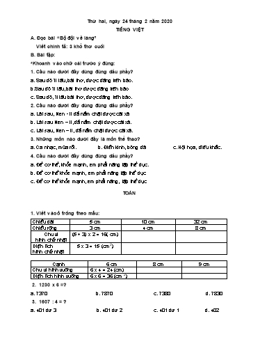 Bài ôn tập Toán, Tiếng Việt Lớp 3 - Từ 24/2 đến 28/2 - Năm học 2019-2020 - Trường Tiểu học Tân Quới A
