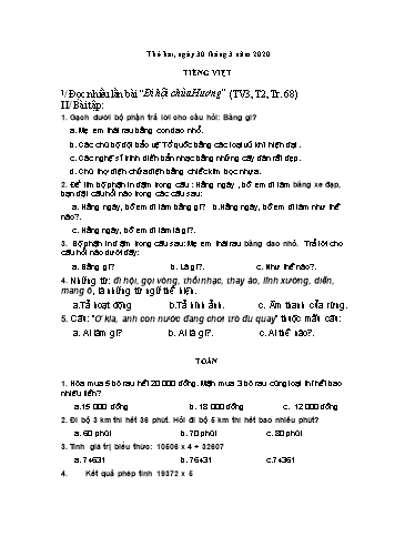Bài ôn tập Toán, Tiếng Việt Lớp 3 - Từ 30/3 đến 3/4 - Năm học 2019-2020 - Trường Tiểu học Tân Quới A