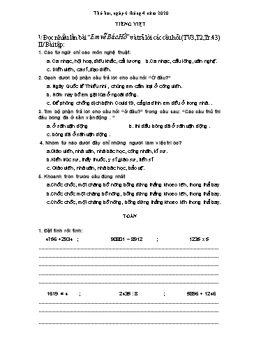 Bài ôn tập Toán, Tiếng Việt Lớp 3 - Từ 6/4 đến 10/4 - Năm học 2019-2020 - Trường Tiểu học Tân Quới A