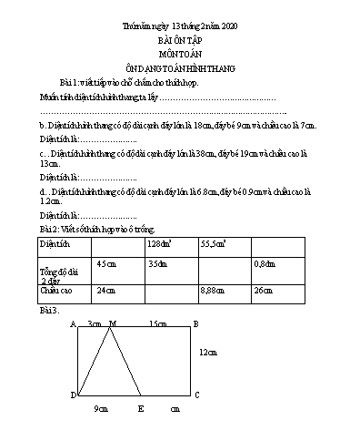 Bài ôn tập Toán, Tiếng Việt Lớp 5 - Ngày 13/2 - Năm học 2019-2020 - Trường Tiểu học Tân Quới A