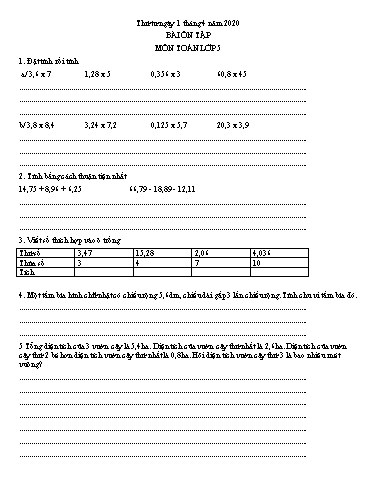 Bài ôn tập Toán, Tiếng Việt Lớp 5 - Ngày 1/4 - Năm học 2019-2020 - Trường Tiểu học Tân Quới A