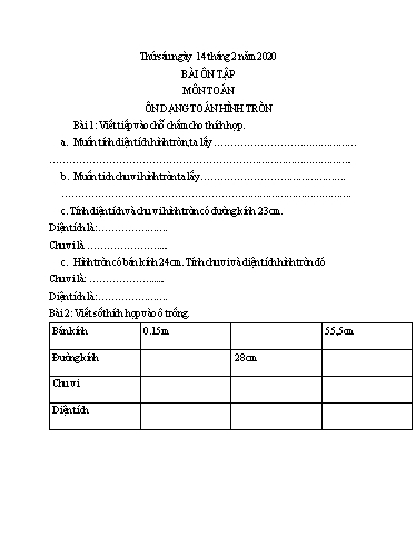 Bài ôn tập Toán, Tiếng Việt Lớp 5 - Ngày 14/2 - Năm học 2019-2020 - Trường Tiểu học Tân Quới A