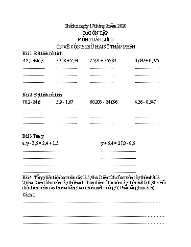 Bài ôn tập Toán, Tiếng Việt Lớp 5 - Ngày 17/2 - Năm học 2019-2020 - Trường Tiểu học Tân Quới A