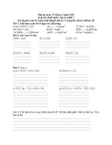 Bài ôn tập Toán, Tiếng Việt Lớp 5 - Ngày 19/2 - Năm học 2019-2020 - Trường Tiểu học Tân Quới A