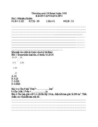 Bài ôn tập Toán, Tiếng Việt Lớp 5 - Ngày 19/3 - Năm học 2019-2020 - Trường Tiểu học Tân Quới A