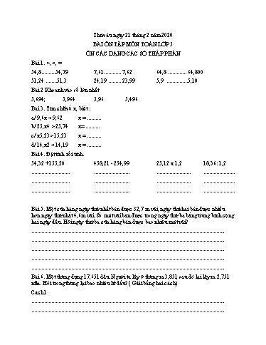 Bài ôn tập Toán, Tiếng Việt Lớp 5 - Ngày 21/2 - Năm học 2019-2020 - Trường Tiểu học Tân Quới A