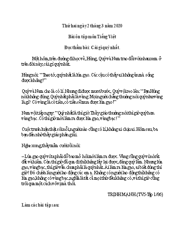 Bài ôn tập Toán, Tiếng Việt Lớp 5 - Ngày 2/3 - Năm học 2019-2020 - Trường Tiểu học Tân Quới A