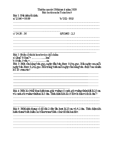 Bài ôn tập Toán, Tiếng Việt Lớp 5 - Ngày 28/4 - Năm học 2019-2020 - Trường Tiểu học Tân Quới A