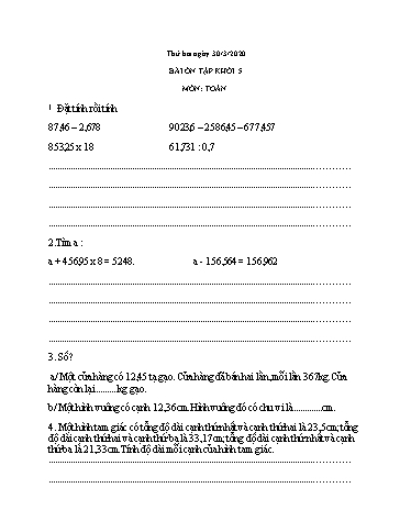 Bài ôn tập Toán, Tiếng Việt Lớp 5 - Ngày 30/3 - Năm học 2019-2020 - Trường Tiểu học Tân Quới A