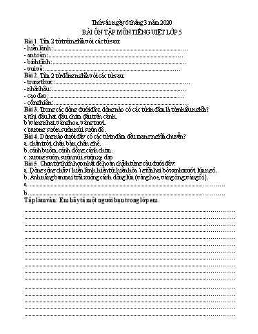 Bài ôn tập Toán, Tiếng Việt Lớp 5 - Ngày 6/3 - Năm học 2019-2020 - Trường Tiểu học Tân Quới A