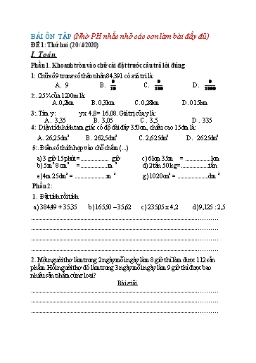 Bài ôn tập Toán, Tiếng Việt Lớp 5 - Từ 20/4 đến 24/4 - Năm học 2019-2020 - Trường Tiểu học Tân Quới A