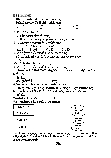 Bài ôn tập Toán, Tiếng Việt Lớp 5 - Từ 24/2 đến 28/2 - Năm học 2019-2020 - Trường Tiểu học Tân Quới A